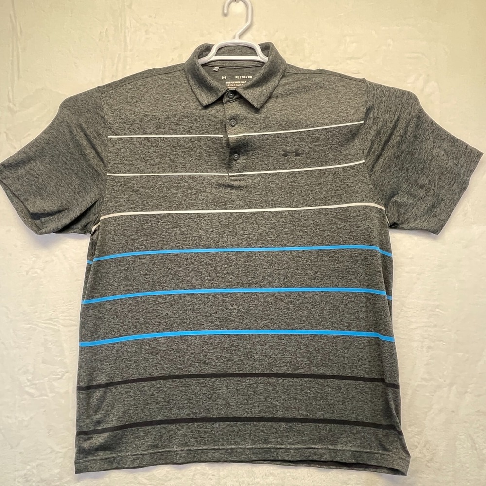 Under Armour Men's XL Black Striped Polo Shirt HeatGear Loose Fit Golf Performan